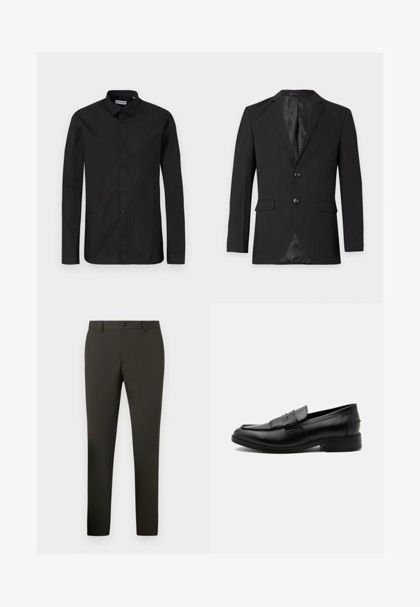 Μαύρο επίσημο blazer ανδρών με δύο κουμπιά, πέτα με αυλάκι, τσέπες με καπάκι και τσέπη στο στήθος, εμφανιζόμενο σε απλό φόντο.; Μαύρο πουκάμισο με μακρύ μανίκι και κλασικό γιακά, κατασκευασμένο από λεία ύφανση, με κουμπιά μπροστά και σχεδίαση κανονικής εφαρμογής.; Σκούρο ελιά φαρδιές παντελόνες με ζώνη, με κλείσιμο μπροστά με κουμπί και πλαϊνές τσέπες, προβαλλόμενο σε λευκό φόντο.; Μαύρο ανδρικό δερμάτινο λόφερ με διακοσμητικές φούντες, στρογγυλή μύτη, χαμηλό τακούνι και λεία γυαλιστερή επιφάνεια, εμφανίζεται από το πλάι σε λευκό φόντο.