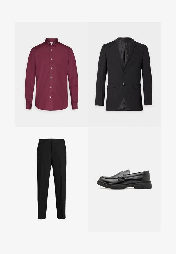 Μαύρο επίσημο blazer ανδρών με δύο κουμπιά, πέτα με αυλάκι, τσέπες με καπάκι και τσέπη στο στήθος, εμφανιζόμενο σε απλό φόντο.; Μπλούζα με μακριά μανίκια σε μπορντό χρώμα, φτιαγμένη από βαμβάκι, με κλασικό γιακά, λευκά κουμπιά και καμπυλωτό στρίφωμα. Απαλή υφή, ψηλή εφαρμογή.; Μαύρο παντελόνι από λείο ύφασμα, με ίσια γραμμή, θηλιές για ζώνη και επίπεδο μπροστινό σχέδιο χωρίς ορατά μοτίβα ή διακοσμήσεις.; Μαύρος δερμάτινος λουστρίνι με φαρδύ λουρί στη μπροστινή πλευρά, καουτσούκ σόλα με χοντρές τρέχουσες και λεία υφή. Κλασικός, κομψός σχεδιασμός.