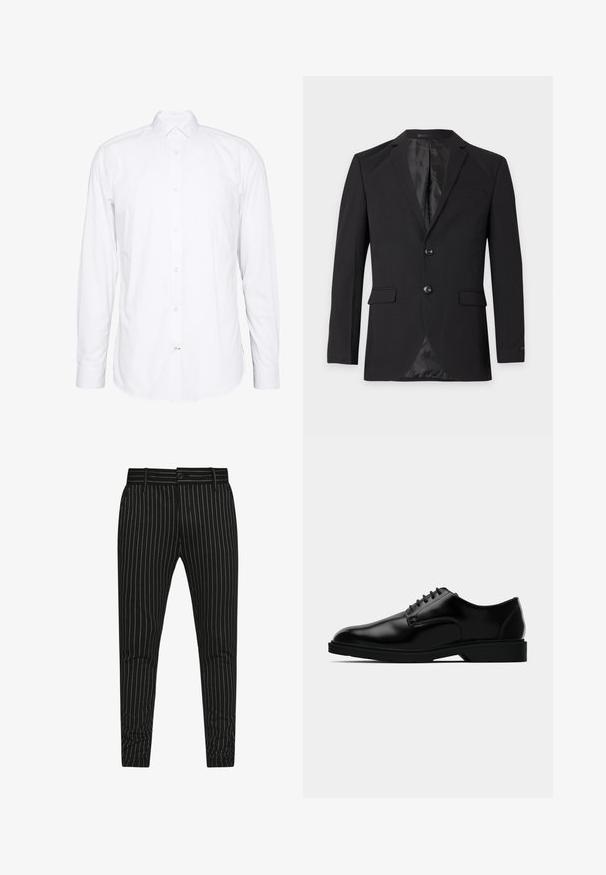 Μαύρο επίσημο blazer ανδρών με δύο κουμπιά, πέτα με αυλάκι, τσέπες με καπάκι και τσέπη στο στήθος, εμφανιζόμενο σε απλό φόντο.; Λευκό πουκάμισο με μακριά μανίκια από βαμβάκι. Διαθέτει γιακά, κλείσιμο με κουμπιά μπροστά και μανσέτες με ένα κουμπί. Λείο υλικό, καθαρός σχεδιασμός.; Μαύρο παντελόνι με ρίγες που διαθέτει κάθετες λευκές ρίγες, σχεδίαση slim fit και κλείσιμο με κουμπί με θηλιές για ζώνη για ρυθμιζόμενο μέγεθος.; Μαύρο δερμάτινο παπούτσι με λείο φινίρισμα, στρογγυλή μύτη, σχέδιο με κορδόνια και διακριτική καουτσούκ σόλα για πρόσφυση.