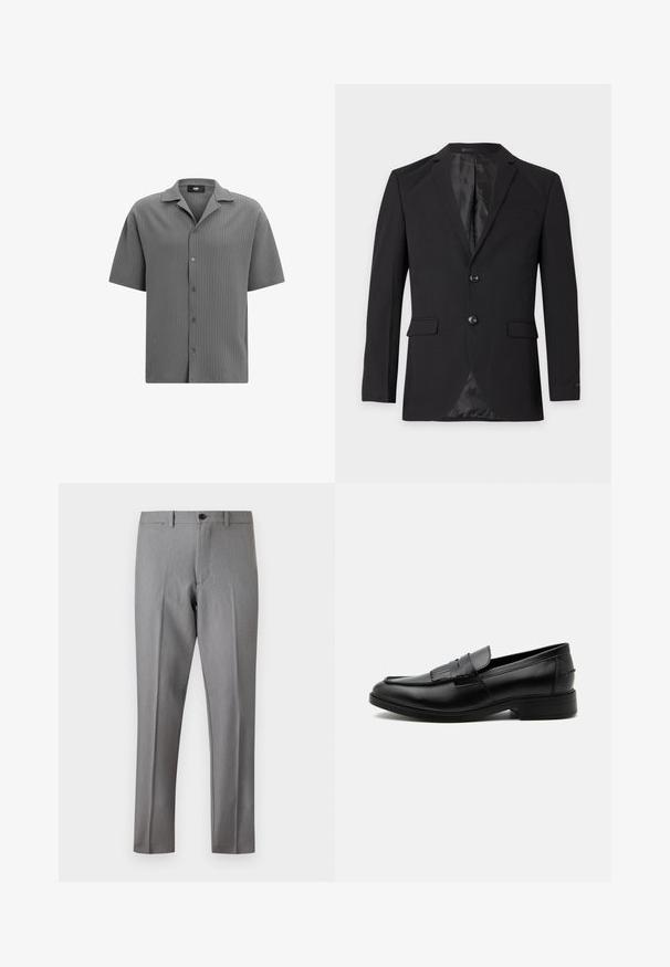 Μαύρο επίσημο blazer ανδρών με δύο κουμπιά, πέτα με αυλάκι, τσέπες με καπάκι και τσέπη στο στήθος, εμφανιζόμενο σε απλό φόντο.; Πουκάμισο με κοντά μανίκια, με κουμπιά, σε υφή γκρι ύφασμα. Διαθέτει γιακά με σχήμα V και οριζόντια ριγωτό μοτίβο με πέντε κουμπιά στο μπροστινό μέρος.; Γκρι λεπτή παντελόνα με κουμπί και φερμουάρ μπροστά, θηλιές ζώνης και πιεσμένες πιέτες κατά μήκος των ποδιών.; Μαύρο ανδρικό δερμάτινο λόφερ με διακοσμητικές φούντες, στρογγυλή μύτη, χαμηλό τακούνι και λεία γυαλιστερή επιφάνεια, εμφανίζεται από το πλάι σε λευκό φόντο.