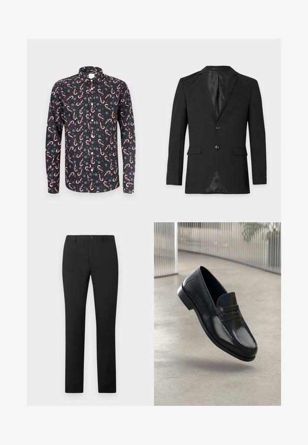 Μαύρο επίσημο blazer ανδρών με δύο κουμπιά, πέτα με αυλάκι, τσέπες με καπάκι και τσέπη στο στήθος, εμφανιζόμενο σε απλό φόντο.; Μαύρο μακρυμάνικο πουκάμισο με σχέδιο από γλειφιτζούρια και λουλούδια, με κουμπιά και κλασικό γιακά. Απαλή υφή υφάσματος.; Μαύρο παντελόνι με εφαρμοστή γραμμή και ίσια γραμμή στα πόδια, διαθέτει κλείσιμο με κουμπί και θηλιές για ζώνη. Κατασκευασμένο από λείο ύφασμα χωρίς ορατά σχέδια.; Μαύρα δερμάτινα μοκασίνια με λεία υφή, στρογγυλεμένη μύτη, διακοσμητική ραφή και ελαφρώς ανυψωμένη εξωτερική σόλα.