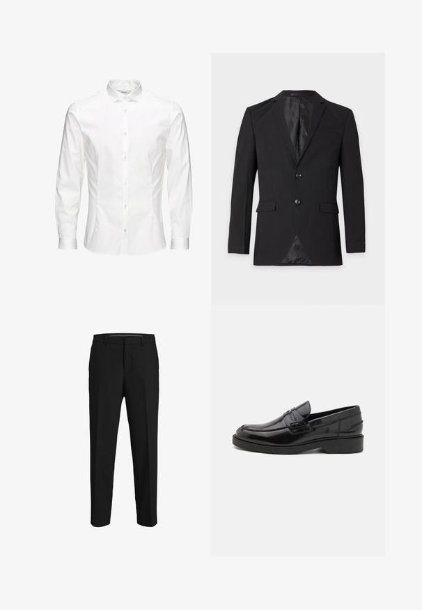 Blazer formel noir pour homme avec deux boutons, revers crantés, poches à rabat et une poche poitrine passepoilée, présenté sur un fond uni.; Chemise blanche à manches longues avec boutons, fabriquée dans un tissu lisse. Dotée d'un col classique, de boutons sur le devant et de poignets à un bouton. Design ajusté.; Pantalons noirs en tissu lisse, présentant une coupe droite, des passants de ceinture et un devant plat sans motifs ni embellissements visibles.; Mocassins en cuir noir avec une finition lisse, un bout rond, un petit talon et descoutures décoratives à l'avant. Semelle en caoutchouc pour l'adhérence.
