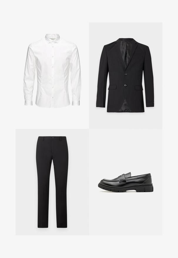 Svart formell herreblazer med to knapper, hakkede slag, klaffelommer og en brystlomme, vist mot en ensfarget bakgrunn.; Hvit langermet skjorte med knapper laget av glatt stoff. Har klassisk krage, frontknapper og mansjetter med én knapp. Slim fit-design.; Sorte skreddersydde bukser med en rett benstil, utstyrt med knappelukking og beltestropper. Laget av glatt stoff uten synlige mønstre.; Sorte lærloafers med en bred stropp over forfoten, gummisåle med tykke såleprofiler og glatt tekstur. Klassisk, stilrent design.