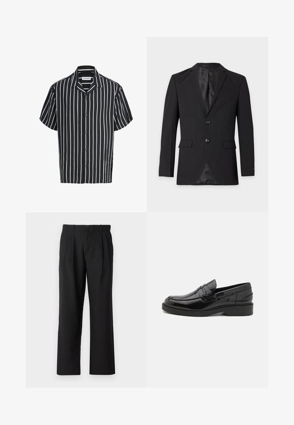 Μαύρο επίσημο blazer ανδρών με δύο κουμπιά, πέτα με αυλάκι, τσέπες με καπάκι και τσέπη στο στήθος, εμφανιζόμενο σε απλό φόντο.; Μαύρο κοντομάνικο πουκάμισο με λευκές κάθετες ρίγες και μυτερό γιακά, με ετικέτα Jack & Jones.; Jack & Jones JPSTBILL JJDAYTONA WIDE CHINO - Chinos - black; Μαύρα δερμάτινα loafers με λεία επιφάνεια, στρογγυλή μύτη, χαμηλό τακούνι και διακοσμητικό ράψιμο μπροστά. Εξωτερική σόλα από καουτσούκ για πρόσφυση.