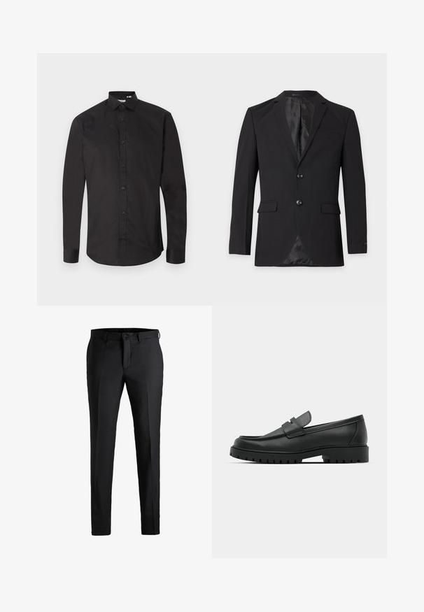 Blazer formel noir pour homme avec deux boutons, revers crantés, poches à rabat et une poche poitrine passepoilée, présenté sur un fond uni.; Chemise noire à manches longues en coton lisse, avec une fermeture à boutons sur le devant, un col classique et un ourlet arrondi. Design simple, sans motifs.; Pantalons noirs en tissu lisse, avec une coupe droite, un clasp frontal simple, des passants de ceinture et un design épuré et simple.; Mocassins en cuir noir à bout arrondi, avec un design cousu, une semelle plateforme basse et une semelle en caoutchouc texturée et crantée.