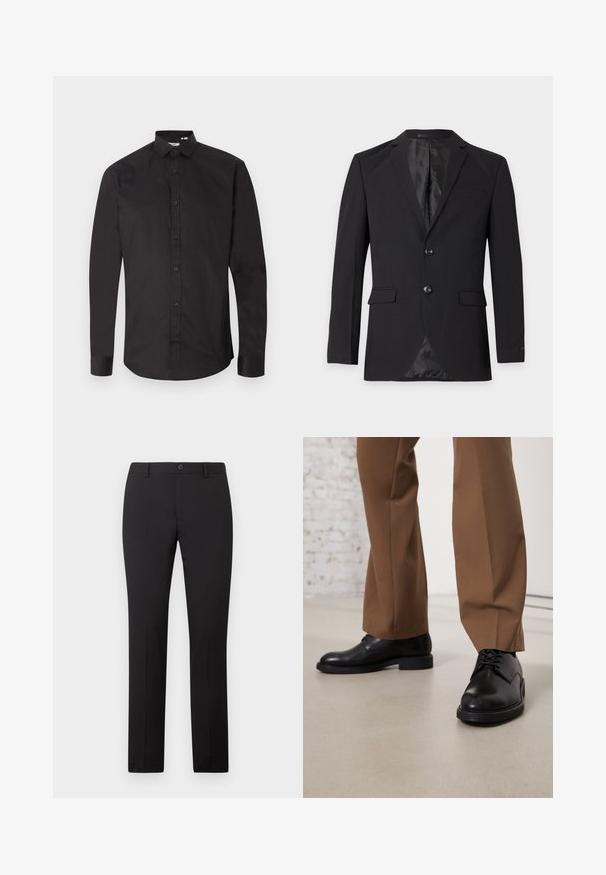 Μαύρο επίσημο blazer ανδρών με δύο κουμπιά, πέτα με αυλάκι, τσέπες με καπάκι και τσέπη στο στήθος, εμφανιζόμενο σε απλό φόντο.; Μαύρο μακρυμάνικο πουκάμισο από απαλό βαμβάκι, με εμπρόσθιο κλείσιμο με κουμπιά, κλασικό γιακά και κυρτή γραμμή στο τελείωμα. Απλός σχεδιασμός, χωρίς σχέδια.; Μαύρο παντελόνι με εφαρμοστή γραμμή και ίσια γραμμή στα πόδια, διαθέτει κλείσιμο με κουμπί και θηλιές για ζώνη. Κατασκευασμένο από λείο ύφασμα χωρίς ορατά σχέδια.; Μαύρα δερμάτινα παπούτσια με λείες επιφάνειες και στρογγυλή μύτη, που διαθέτουν κλείσιμο με κορδόνια και χαμηλή, επίπεδη σόλα. Συνδυασμένα με καφέ παντελόνι.