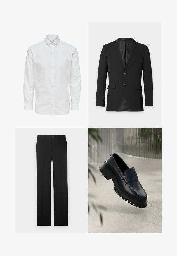Sort herre formel blazer med to knapper, hakkeslag, klaplommer og en brystlomme med kant, vist mod en ensfarvet baggrund.; Hvid skjorte med lange ærmer med knaplukning foran og spids krave, vist mod en hvid baggrund.; Sorte, skræddersyede bukser med lige ben, glat stof, pressefolder foran og en enkelt knaplukning i taljen.; Sorte læder loafers med en chunky sål, der har en dekorativ rem og syninger. Glat tekstur med en poleret overflade.