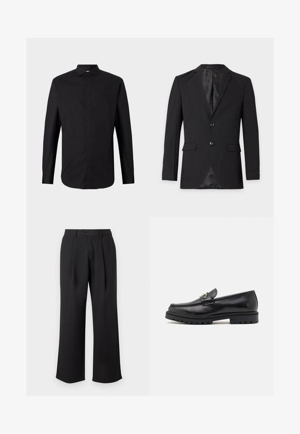 Sort herre formel blazer med to knapper, hakkeslag, klaplommer og en brystlomme med kant, vist mod en ensfarvet baggrund.; Sort langærmet skjorte lavet af vævet stof, med knaplukning fortil, krave og klassisk pasform. Glat tekstur og minimalistisk design.; Sorte vidde bukser lavet af glat stof, med en frontfold, en knaplukning og sidelommer.; Sorte læder loafers med en glat finish, rund tå, en dekorativ rem med guldhardware og en robust sort sål.