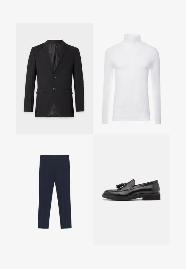 Zwarte formele herenblazer met twee knopen, een inkeping in het revers, klepzakken en een borstzakje, getoond tegen een effen achtergrond.; Witte lange mouw turtleneck-shirt gemaakt van zachte, rekbare stof. Heeft een hoge kraag en een aangesloten ontwerp, wat zorgt voor een gestroomlijnde uitstraling.; Marineblauwe formele broek met een getailleerd ontwerp, een gladde textuur en twee voorzakken, met strakke lijnen en een rechte pasvorm.; Zwarte leren instappers met een kwastje, ronde neus en een getextureerde zool. Heeft een gladde afwerking en een minimalistisch ontwerp.