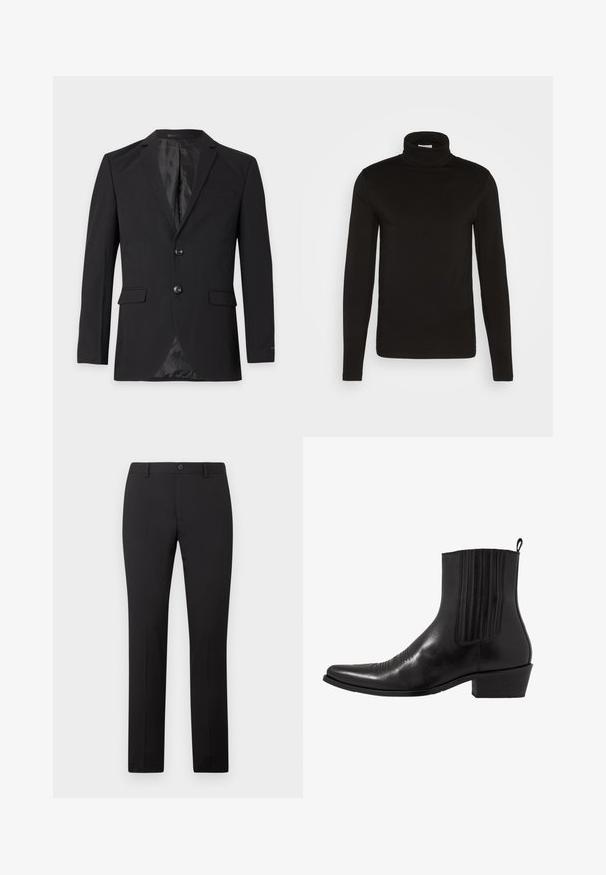 Blazer formal negro para hombre con dos botones, solapas con muesca, bolsillos con solapa y un bolsillo en el pecho, mostrado sobre un fondo liso.; Camiseta de cuello alto de manga larga negra, elaborada en una tela suave con un diseño ajustado y un cuello alto, ceñido. Sin patrones ni acentos visibles.; Pantalones negros a medida con diseño de pierna recta, con cierre de botón y trabillas para cinturón. Hechos de tela suave sin patrones visibles.; Bota de cuero negro hasta el tobillo con punta afilada, paneles laterales elásticos, acentos de costura vertical y un tacón bajo y cuadrado.