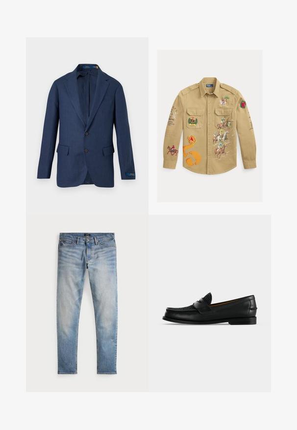 Marineblauer Herrenblazer mit notched Revers, zwei vorderen Pattentaschen, zwei Knöpfen und einem Polo Ralph Lauren Etikett am linken Ärmelbund.; Khakifarbenes Hemd mit Knöpfen, bestickten und bedruckten Reitern, bunten Wappen und Aufnähern auf Vorderseite, Taschen und Ärmeln.; Helle blaue Denim-Jeans mit einem ausgewaschenen Finish, Fünf-Taschen-Design und kontrastierenden Nähten. Mit Reißverschluss und Gürtelschlaufen. Gerade geschnitten.; Schwarzer Leder-Loafer für Herren mit gewebtem Obermaterial und niedrigem Absatz, von der Seite auf weißem Hintergrund gezeigt.