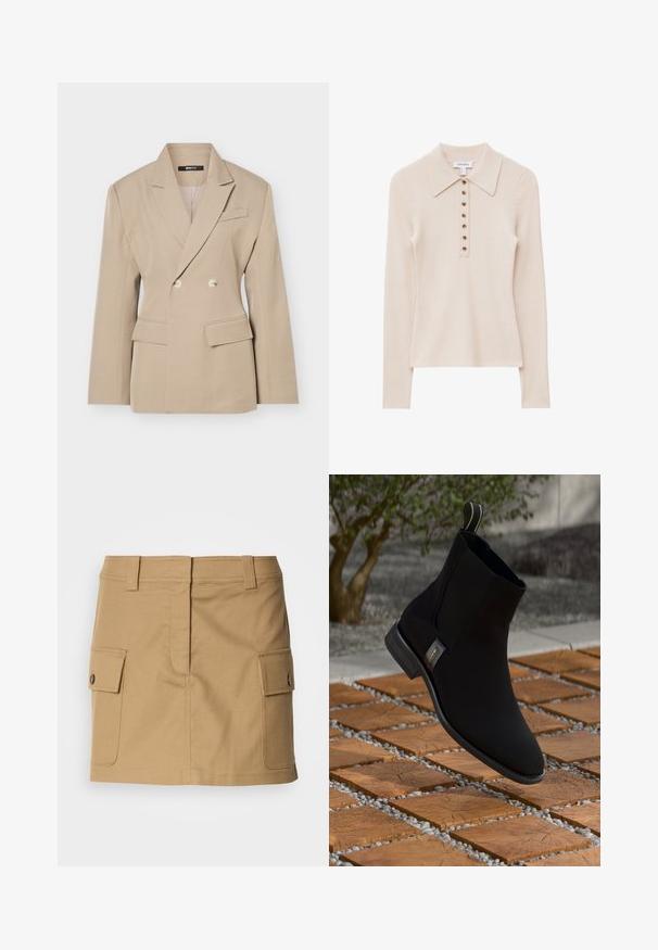 Beige dobbeltradet blazer med notch revers, to knapper, klaplommer og en brystlomme med paspolering, vist på en ensfarvet lys baggrund.; Beige ribbet strikket polo shirt med lange ærmer, bred krave og syv brune knapper ned langs fronten.; Khaki bomuldsnederdel med en tætsiddende talje, to sidelommer med klaplukninger og lige snit. Holdbart materiale med en glat overflade.; Sorte ankelstøvler med et glat stofoverdel, rund tå, lav hæl og en lille guldaccent på siden, præsenteret på en tekstureret træoverflade.