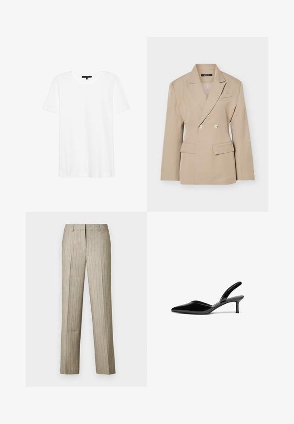 Beige dubbelgeknoopte blazer met inkeping rever, twee knopen, klepzakken en een borstzak, weergegeven op een effen lichte achtergrond.; Witte t-shirt met korte mouwen en een ronde hals. Gemaakt van zachte stof, heeft het een relaxte pasvorm en een eenvoudig ontwerp zonder patronen of accenten.; Beige pantalon met krijtstrepen en een rechte pijp, voorzien van een gestructureerde tailleband en een subtiele textuur in de stof.; Zwarte gepolijste leren slingback hakken met een puntige neus, een lage stiletto hak en een elegant, eenvoudig ontwerp zonder versieringen.
