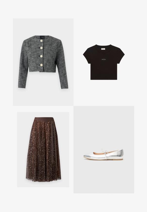 Beskåret, grå tekstureret jakke med rund halsudskæring, der har fire guldstjerneformede knapper og lange ærmer.; Sort kortærmet crop top med rund halsudskæring og lille hvid "Calvin Klein" logo tekst centreret på brystet.; Brun midi-nederdel med leopardprint, gennemsigtig overflade, elastik i taljen og detalje med bånd i siden.; Sølv flad sko med spids tå, lavet af metallisk syntetisk materiale. Har en tynd strop med en dekorativ sløjfe. Glat tekstur.