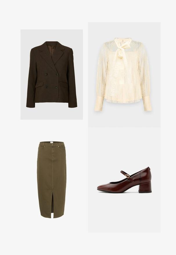 Mørkebrun dobbeltradet blazer med hakket revers, fire sorte knapper, lange ærmer og to forlommer med klap.; Lysecremefarvet bluse lavet af blonder med en sløjfedetalje ved halsen, gennemsigtige lange ærmer og manchetter med knapper. Tekstureret blomsterprint over det hele.; Olivengrøn denimnederdel, knælængde med en frontal slids, bæltesløjfer og to forlommer, med diskrete stikninger.; Brun læder Mary Jane-sko med lav blokhæle og guldlåsrem, sidevisning på hvid baggrund.