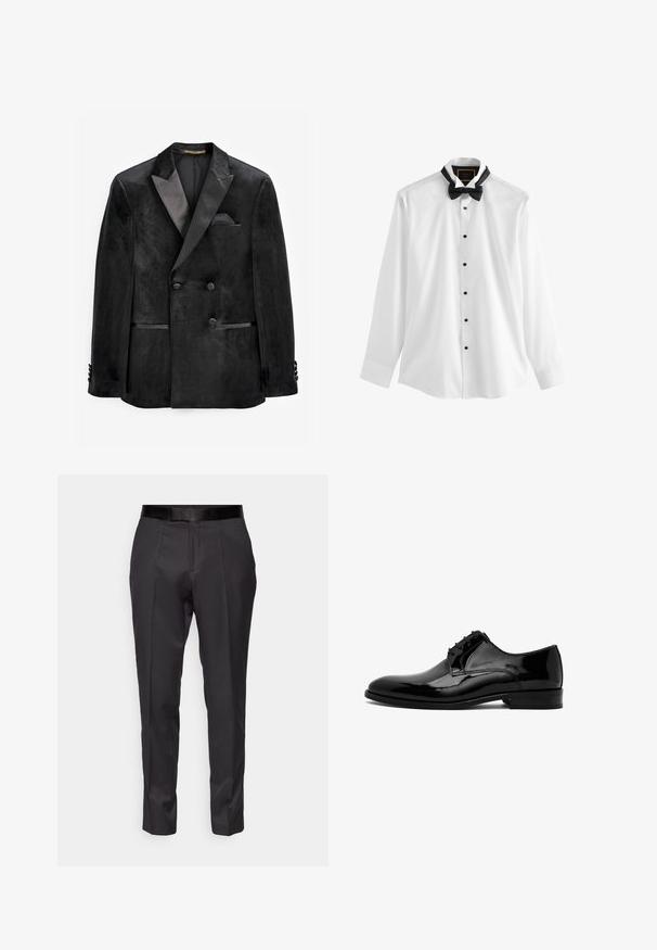 Blazer negro de terciopelo con solapas de satén, botones de doble botonadura, bolsillos frontales y un acabado texturizado. Incluye un pañuelo de bolsillo.; Camisa blanca de vestir de manga larga con botones negros y una pajarita negra preanudada alrededor del cuello, mostrada sobre un fondo blanco.; Pantalones negros ajustados con un corte slim, frente plano y un brillo sutil. Presentan una cinturilla negra suave y detalles de pliegue a lo largo de las piernas.; Zapato de vestir para hombre de charol negro con cierre de cordones y tacón bajo apilado, mostrado de lado sobre un fondo blanco.
