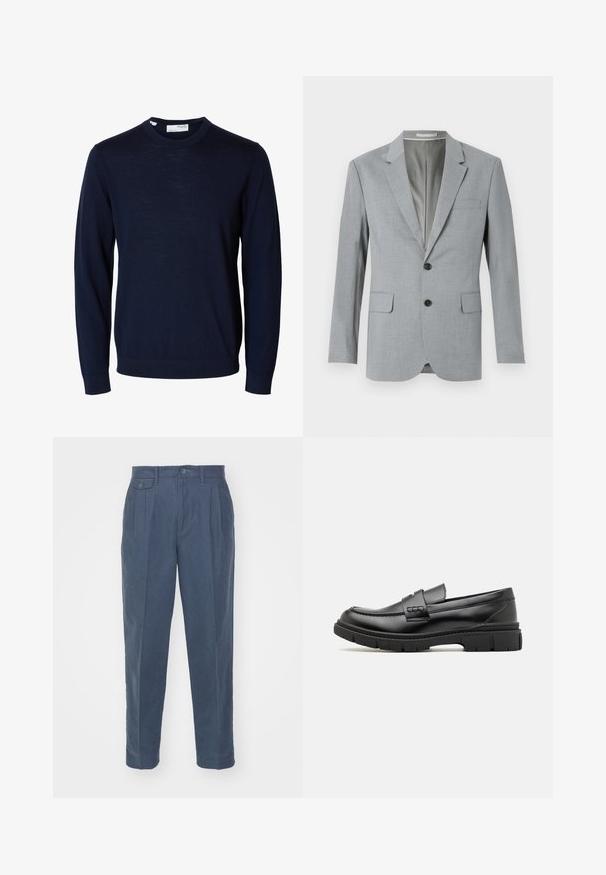 Grauer Blazer aus strukturiertem Stoff, einreihiges Design, mit Reverskragen, zwei vorderen Taschen und schwarzen Knöpfen. Gefüttertes Innenfutter.; Marineblauer Langarmpullover mit Rundhalsausschnitt, gerippten Bündchen und Saum, gefertigt aus feinem Strickstoff.; Only & Sons ONSPALE NEW LOOSE PANT - Stoffhose - dark slate; Schwarze Lederloafer mit einem breiten Riemen über dem Rist, Gummisohle mit dicken Profilen und glatter Textur. Klassisches, schlankes Design.