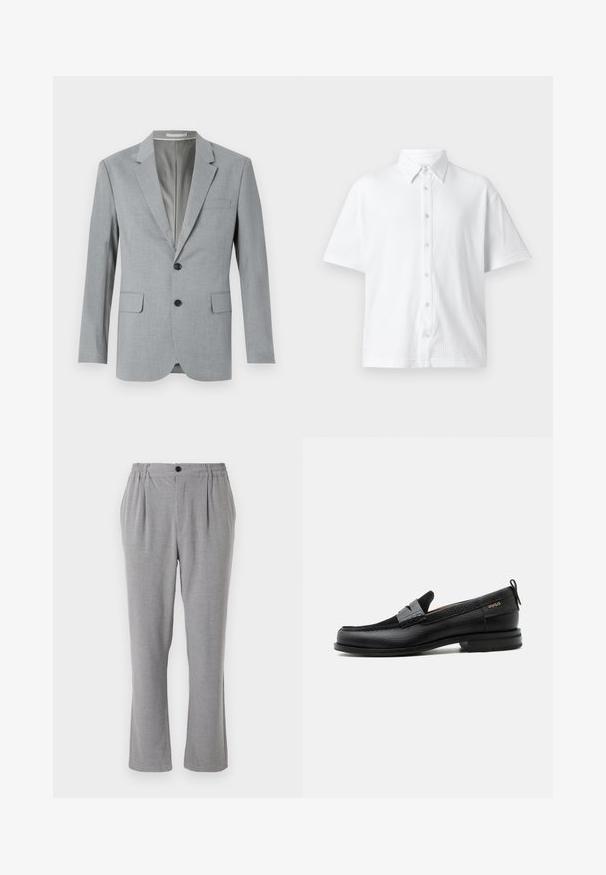 Blazer gris con tejido texturizado, diseño de un solo botón, solapas notch, dos bolsillos frontales y botones negros. Interior forrado.; Camisa blanca de manga corta, con cuello clásico y fabricada en un tejido texturizado con un patrón de líneas. Seis botones en la parte delantera.; Pantalones grises con tejido texturizado, con cierre de botón y cintura elástica. Diseño de pierna recta con pliegues laterales.; Mocasín de cuero negro con detalle de tira gris, tacón bajo y suela texturizada, con la marca "HUGO" en oro en el lateral.