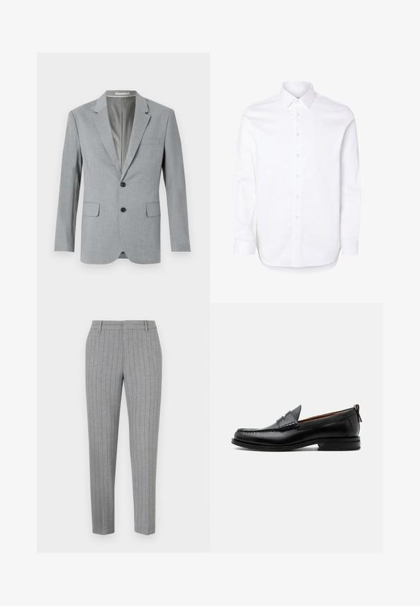 Grauer Blazer aus strukturiertem Stoff, einreihiges Design, mit Reverskragen, zwei vorderen Taschen und schwarzen Knöpfen. Gefüttertes Innenfutter.; Weißes Hemd mit langen Ärmeln, klassischem Kragen und geknöpften Manschetten.; Graue Nadelstreifenhose mit tailliertem Schnitt, flacher Front und Seitentaschen. Hergestellt aus einem glatten Stoff mit einem dezenten Glanz.; Schwarzer Leder-Herrenschuh mit Mokassinnaht, Penny-Riemen, strukturiertem Kragen und niedrigem gestapeltem Absatz auf weißem Hintergrund.