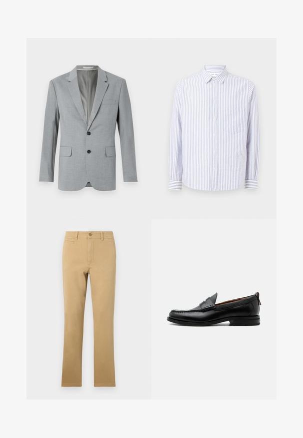 Blazer gris avec un tissu texturé, design à un bouton, revers crantés, deux poches avant et boutons noirs. Doublure intérieure.; Chemise à rayures bleu clair et blanche. Dotée d'un col pointu, de manches longues et d'une poche poitrine unique. Tissu en coton.; Pantalons droits de couleur kaki en coton, dotés d'une fermeture à bouton, de poches avant et d'une texture lisse.; Mocassin homme en cuir noir avec couture moc toe, bride penny, col texturé et petit talon empilé sur fond blanc.