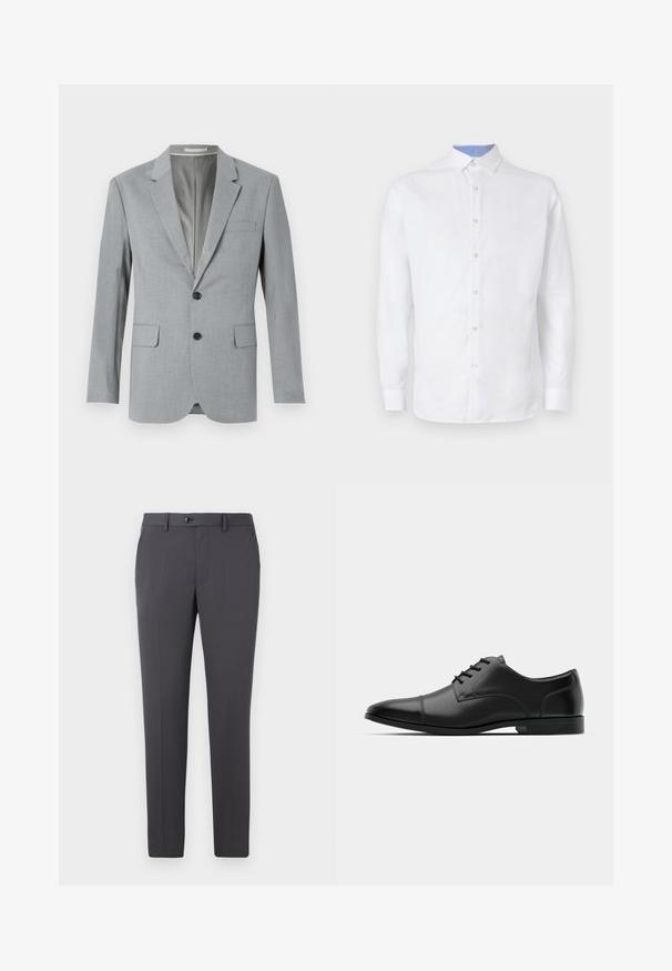 Blazer gris avec un tissu texturé, design à un bouton, revers crantés, deux poches avant et boutons noirs. Doublure intérieure.; Chemise blanche à manches longues avec un devant à boutons, présentant un motif à carreaux bleu clair à l'intérieur du col et des poignets. Texture de tissu lisse.; Pantalon gris en tissu lisse, avec une coupe droite, fermeture à bouton, passants de ceinture et poches latérales. Design simple et fonctionnel.; Chaussure habillée en cuir noir avec un bout arrondi, texture lisse, six œillets et une semelle noire basse. Présente une couture discrète sur le bout.