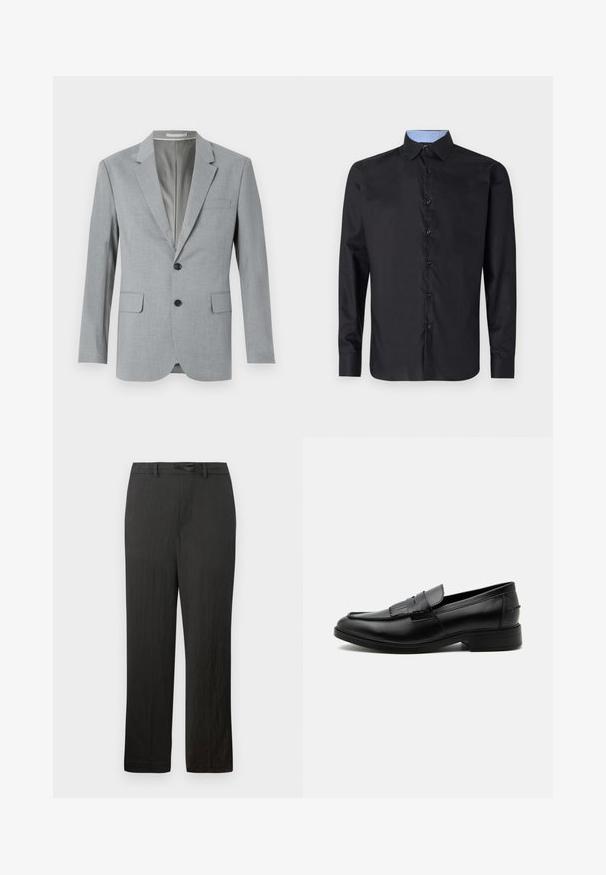 Grauer Blazer aus strukturiertem Stoff, einreihiges Design, mit Reverskragen, zwei vorderen Taschen und schwarzen Knöpfen. Gefüttertes Innenfutter.; Schwarzes Langarmhemd aus glattem Stoff, mit durchgehender Knopfleiste, spitzem Kragen und einem hellblauen karierten Innenkragen.; Schwarze, gerade geschnittene Hose mit glatter Textur, ausgestattet mit einem Kordelzugbund und einem subtilen, leichten Stoff.; Schwarzer Leder-Herrenloafer mit Quasten-Detail, abgerundeter Spitze, niedrigem Absatz und glatter, polierter Oberfläche, von der Seite auf weißem Hintergrund dargestellt.