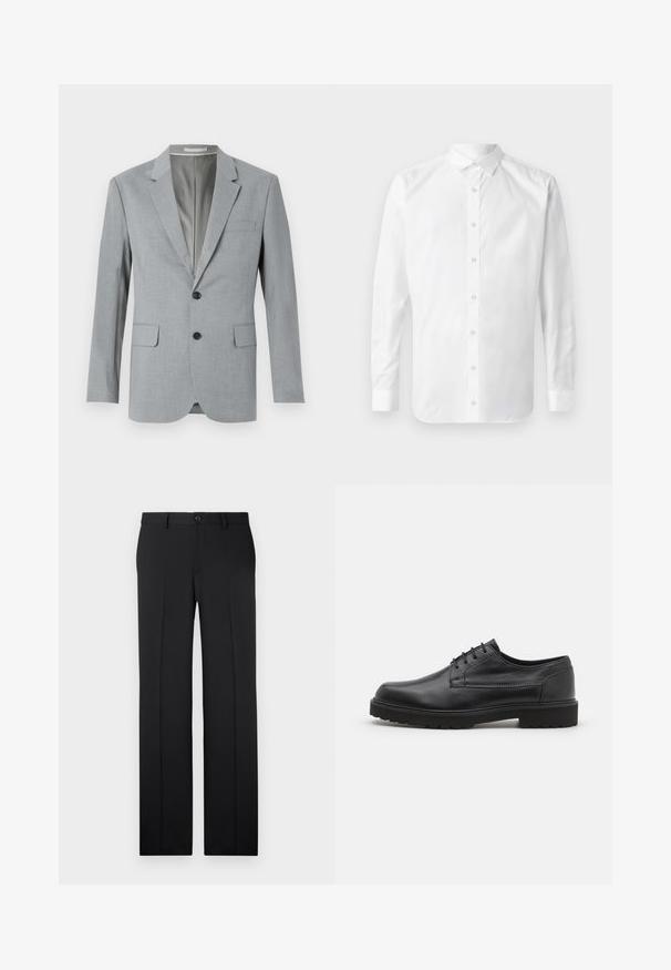 Grå blazer med struktureret stof, enkeltknapsdesign, udskårne lapeller, to frontlommer og sorte knapper. Fodret inderside.; Hvid langærmet skjorte med knapper, klassisk krave, frontplacket med knapper og en glat bomuldsstruktur.; Sorte, skræddersyede bukser med lige ben, glat stof, pressefolder foran og en enkelt knaplukning i taljen.; Sorte lædersko med rund tå, glat finish og minimal syning. Har snørebåndslukning og en kraftig, struktureret gummisål.