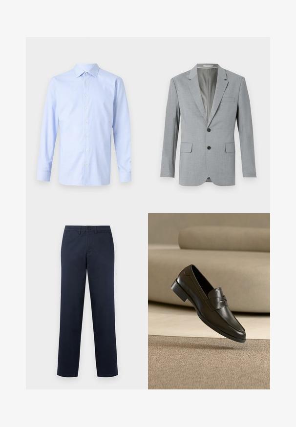 Blazer gris con tejido texturizado, diseño de un solo botón, solapas notch, dos bolsillos frontales y botones negros. Interior forrado.; Camisa de manga larga azul claro con un patrón a cuadros, cierre de botones en la parte delantera, cuello puntiagudo y una textura sutil. Corte entallado con puños abotonados.; Pantalones rectos para hombre en azul marino con trabillas para cinturón, botón delantero y bolsillos laterales, mostrados sobre un fondo claro y sencillo.; Zapato mocasín de cuero negro flotando sobre una alfombra beige con un sofá beige en el fondo, mostrando el diseño clásico para hombres sin cordones.