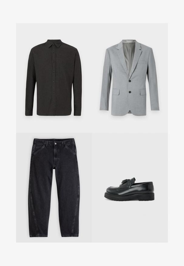 Blazer gris con tejido texturizado, diseño de un solo botón, solapas notch, dos bolsillos frontales y botones negros. Interior forrado.; Camisa de botones de manga larga en gris oscuro con cuello puntiagudo, exhibida plana sobre un fondo blanco.; Vaqueros de mezclilla negra con un corte holgado, con cinturilla estándar, diseño de cinco bolsillos y costuras en contraste a lo largo de las costuras.; Mocasín de cuero negro con borlas, suela de caucho gruesa y tacón bajo, mostrado de perfil sobre un fondo liso.