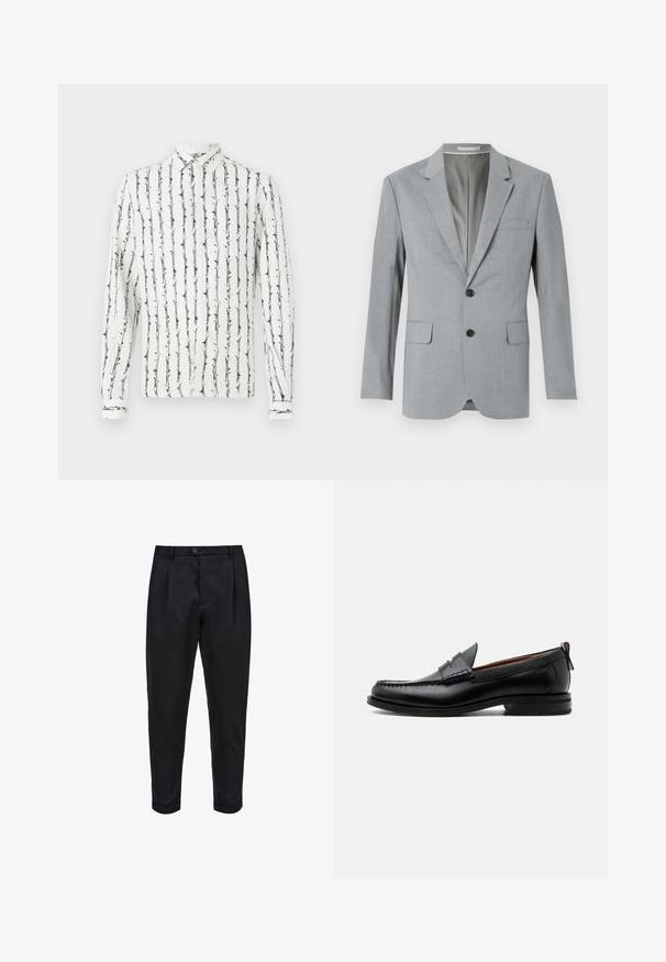 Blazer gris con tejido texturizado, diseño de un solo botón, solapas notch, dos bolsillos frontales y botones negros. Interior forrado.; Camisa blanca de botones con líneas verticales negras y un patrón floral. Mangas largas con puños abotonados. Hecha de una tela ligera.; Pantalones negros de tejido suave, con un frente plisado, ajuste tapered y puños enrollados. Cierre de botón sencillo en la cintura.; Mocasín de hombre de piel negra con costura moc toe, tira penny, cuello texturizado y tacón bajo apilado sobre fondo blanco.