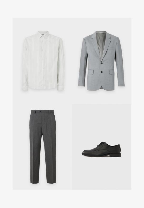 Grå blazer med struktureret stof, enkeltknapsdesign, udskårne lapeller, to frontlommer og sorte knapper. Fodret inderside.; Lysegrå langærmet skjorte med hvide lodrette striber, knaplukning foran og klassisk krave. Har detalje ved manchetterne på ærmerne.; Kulsorte herre dressbukser med subtile pinstriber, knaplukning, bæltestropper og lige ben-design mod en hvid baggrund.; Sort lædersko med snørebånd, glat finish, rundet tå og lav gummihæl. Har diskrete syningsdetaljer på overdelen.