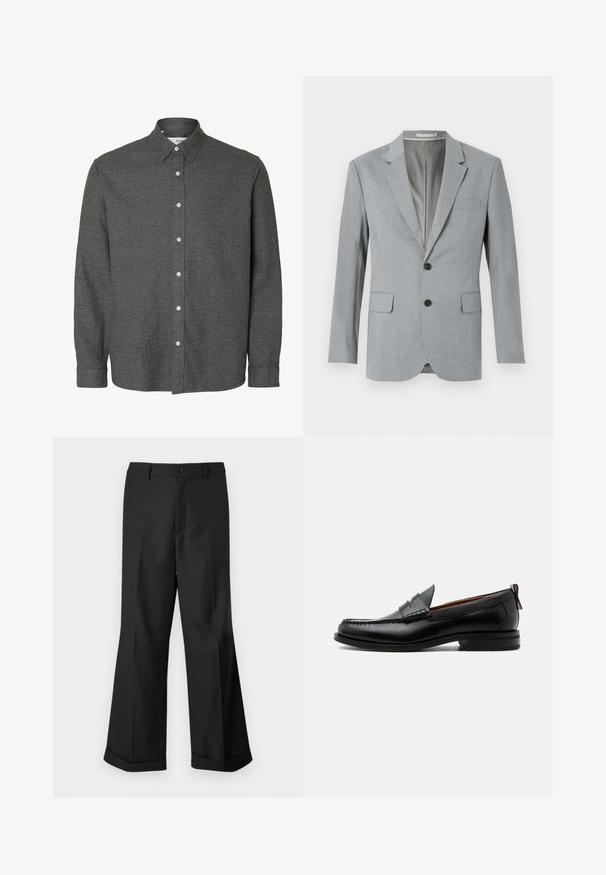 Grå blazer med struktureret stof, enkeltknapsdesign, udskårne lapeller, to frontlommer og sorte knapper. Fodret inderside.; Langærmet mørkegrå skjorte med knapper, spids krave og hvide knapper ned langs midten foran.; Sorte vide benbukser med knappet talje og opslåede ben, præsenteret mod en ensfarvet hvid baggrund.; Sort læder herre loafer med moc-tå syning, penny strop, struktureret krave og lav stablet hæl på hvid baggrund.
