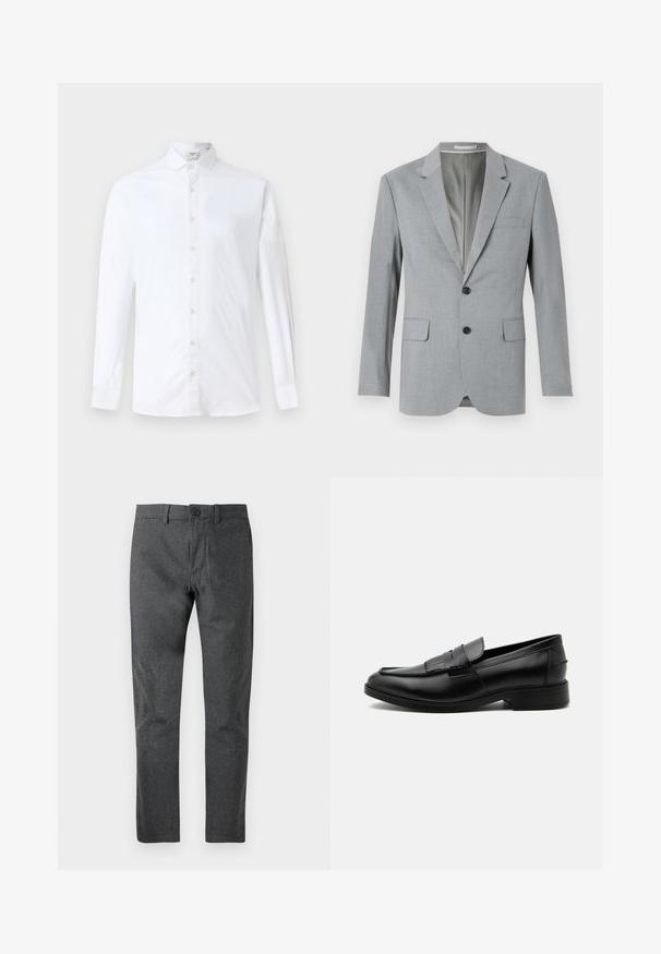 Grå blazer med struktureret stof, enkeltknapsdesign, udskårne lapeller, to frontlommer og sorte knapper. Fodret inderside.; Hvid langærmet skjorte med knapper i bomuld, med klassisk krave, lige snit og en glat tekstur med matchende knapper.; Mørkegrå skræddersyede bukser med en subtil tekstur, lige snit, knaplukning og bæltestropper. Glat overflade, velegnet til både formelt og afslappet brug.; Sort læder herre loafers med kvast detalje, rundet tå, lav hæl og glat poleret finish, vist fra siden på hvid baggrund.