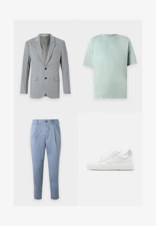 Blazer gris con tejido texturizado, diseño de un solo botón, solapas notch, dos bolsillos frontales y botones negros. Interior forrado.; Camiseta de algodón verde claro con cuello redondo, mangas cortas y un ajuste relajado. Presenta un sutil detalle impreso en el lateral.; Pantalones de corte recto en azul claro, fabricados en un tejido suave, con frente plano, pinzas y cierre de botón. Cuentan con bolsillos laterales y dobladillos con puños.; Zapatillas de cuero blanca con un acabado suave, punta redondeada, cordones planos y una suela texturada. Acento de ante gris en el talón.