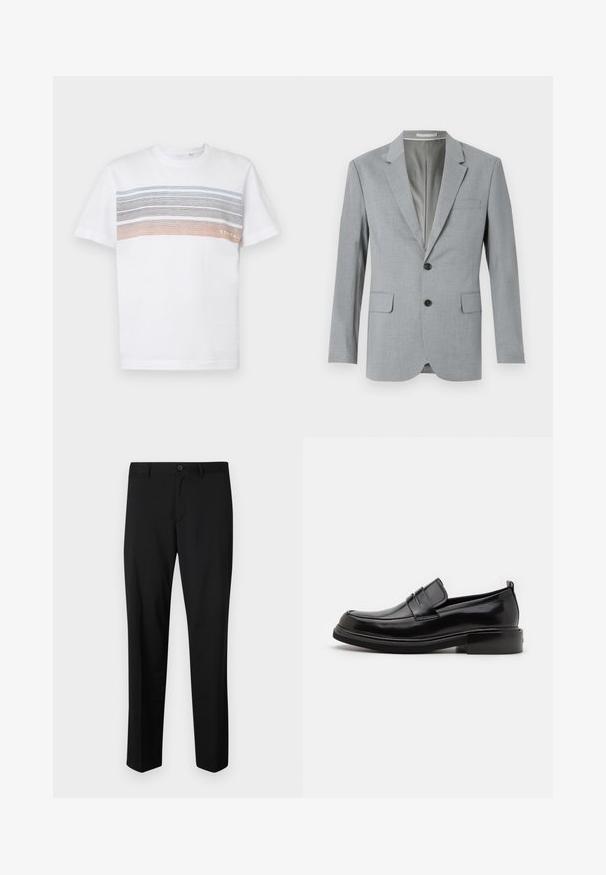 Blazer gris avec un tissu texturé, design à un bouton, revers crantés, deux poches avant et boutons noirs. Doublure intérieure.; T-shirt blanc à manches courtes présentant des rayures horizontales bleu clair, gris et orange. Conçu dans un ajustement standard avec un col ribbed.; Pantalons noirs ajustés avec une coupe plate, taille standard et jambes droites. Fabriqués en tissu lisse, dotés d'une fermeture à un bouton.; Calvin Klein MOCCASIN - Mocassins de ville - black