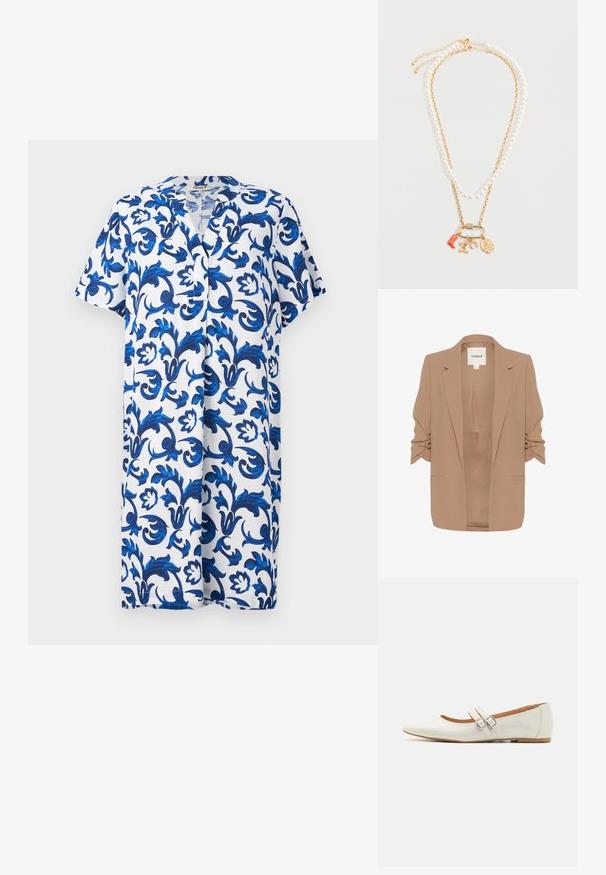 Beige blazer med strukturerede skuldre og rynkede ærmer, med en spids revers og to frontlommer. Glat, tekstureret stof.; Kortærmet kjole i knæ-længde med V-hals, prydet med et blåt blomstermønster på en hvid baggrund, lavet af letvægtsstof.; Hvide patentlæder flade sko med spids tå, to dekorative stropper med sølvspænder og en diskret brun sål.; Dobbeltlags halskæde med en perlerække og en guldkæde med vedhæng: rød støvle, fugl, hestesko og hjerte.