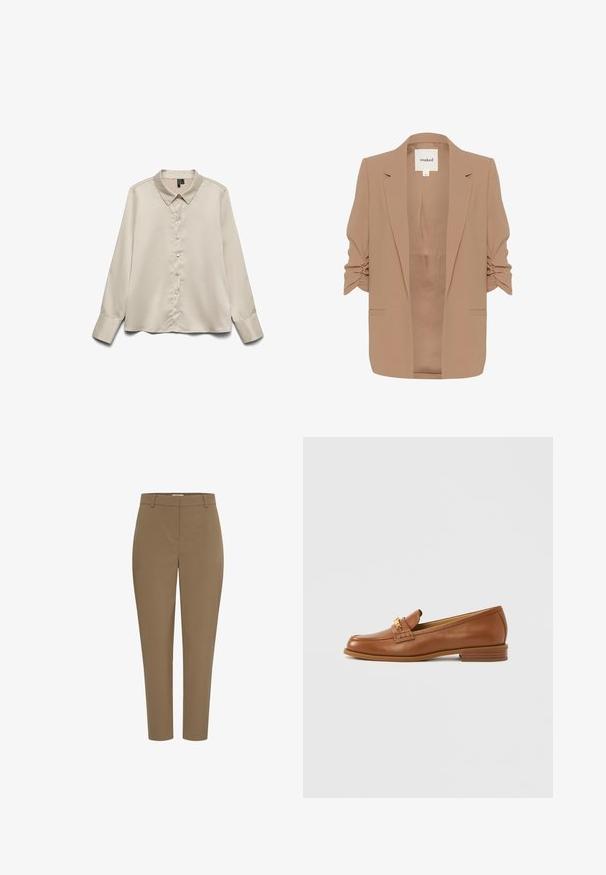 Béžový blazer s vystrihnutými ramennými časťami a riasenými rukávmi, s klopovým golierom a dvoma prednými vreckami. Hladká, textúrovaná tkanina.; Svetlo béžová blúzka s dlhým rukávom vyrobená z hladkej látky, s špicatým golierom, úplným zapínaním na gombíky a gombíkovými manžetami s jedným gombíkom.; Hnedé nohavice s rovnými nohavicami, opaskovými slučkami a detailmi predného švu, zobrazené na bielom pozadí.; Kožená mokasína v hnedej farbe s zaoblenou špičkou, dekoratívnym remienkom a malým podpätkom. Hladká textúra, jemné detaily šitia a zlaté kovanie.