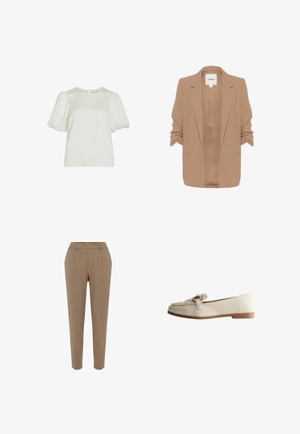 Beige blazer med strukturerede skuldre og rynkede ærmer, med en spids revers og to frontlommer. Glat, tekstureret stof.; Hvid kortærmet bluse med rund halsudskæring og puffede ærmer, med knappelukning bagpå.; Brune skræddersyede bukser med lige ben, glat tekstur, forlommer og en talje med bæltestropper.; Lys beige flad sko lavet af glat læder, udstyret med en dekorativ spænde, rund tå og lav hæl. Simpelt, elegant design.