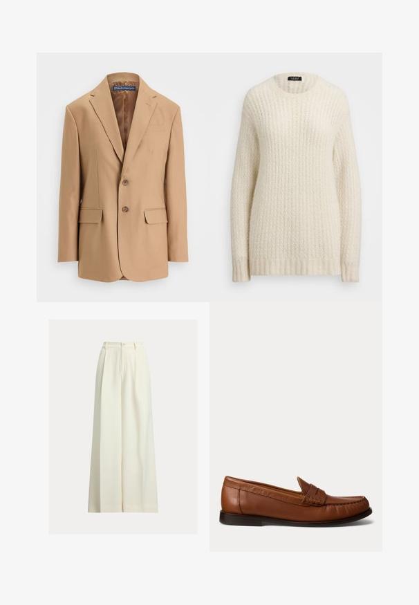 Tan blazer lavet af glat stof, med et enkeltknapsdesign, to frontlommer og to knapper. Notched revers og rene linjer.; Cremefarvet sweater lavet af et struktureret, strikket materiale. Har en rund halsudskæring og ribbede manchetter. Mønstre inkluderer et zigzag-design.; Kremfarvede bukser med vide ben lavet af glat stof, med høj talje, to folder foran og lukkes med en enkelt knap.; Brun læderloafer med lav sort hæl, mok-tå-syning og en dekorativ rem over toppen, vist mod en hvid baggrund.