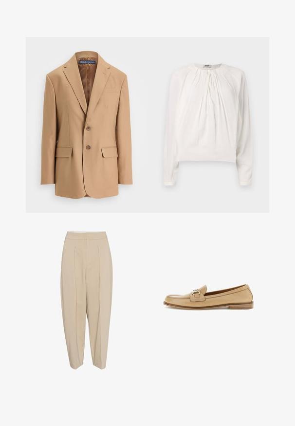 Tan blazer van gladde stof, met een eenknopsdesign, twee voorzakken en twee knopen. Met gegoten revers en strakke lijnen.; Witte blouse met lange mouwen, ronde hals en geplooide voorkant. Zacht, glad materiaal met een comfortabele pasvorm en knoopdetails bij de kraag.; Beige op maat gemaakte broeken met een hoge taille, geplooide voorkant en taps toelopende pijpen. De stof lijkt glad met een subtiele glans. Geen zichtbare zakken.; Beige leren loafer met een gouden metalen gespdetail, lage houten hak en afgeronde vierkante neus, zijaanzicht op een witte achtergrond.