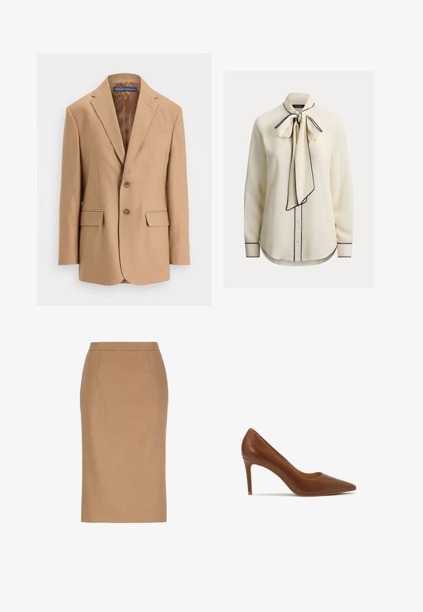 Tan blazer lavet af glat stof, med et enkeltknapsdesign, to frontlommer og to knapper. Notched revers og rene linjer.; Cremefarvet bluse med sløjfehals, marineblå kantning, lange ærmer, knaplukning og en glat stofstruktur. Skræddersyet pasform, buet kant.; Beige knælængde blyantsnederdel med høj talje og subtile sømdetaljer foran.; Brun læder højhælede pumps med spidse tæer, der har en glat tekstur og en slank silhuet, der måler cirka 3 tommer i højden.