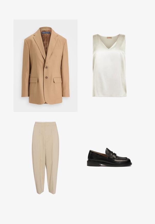 Tan blazer van gladde stof, met een eenknopsdesign, twee voorzakken en twee knopen. Met gegoten revers en strakke lijnen.; Mouwloze satijnen blouse in ivoorwit met een V-hals en een smal schouderontwerp, gelabeld Falconeri Seta Collectie.; Beige op maat gemaakte broeken met een hoge taille, geplooide voorkant en taps toelopende pijpen. De stof lijkt glad met een subtiele glans. Geen zichtbare zakken.; Zwarte leren instapper met een ronde neus, decoratieve bovenband en lage gestapelde hak. Gladde textuur en minimale stiksels.