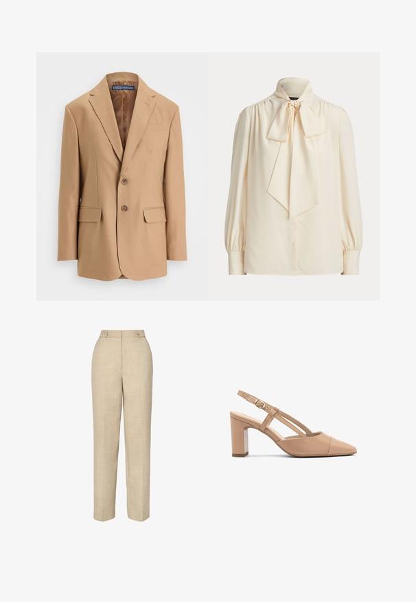 Blazer color beige hecho de una tela suave, con un diseño de un solo botón, dos bolsillos frontales y dos botones. Solapas con muesca y líneas limpias.; Blusa de manga larga de color crema con cuello alto y gran lazo atado en el cuello, con hombros fruncidos y puños con botones.; Pantalones beiges ajustados con una tela suave y texturizada, cintura alta y dos botones frontales. Presentan un corte recto y costuras mínimas.; Tacones de slingback de cuero beige con punta afilada, tacón cuadrado y correa con un pequeño hebilla dorada. Textura suave, diseño minimalista.