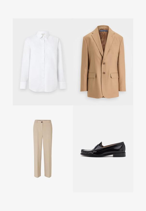 Tan blazer lavet af glat stof, med et enkeltknapsdesign, to frontlommer og to knapper. Notched revers og rene linjer.; Hvid langærmet skjorte lavet af glat stof, med knaplukning foran, klassisk krave og rundet bagkant med knappede manchetter.; Modström GALE - Bukser - powder sand; Sorte læder moccasin sko med en skinnende finish, der har frynsedetaljer langs fronten og en lav stabelhælk.