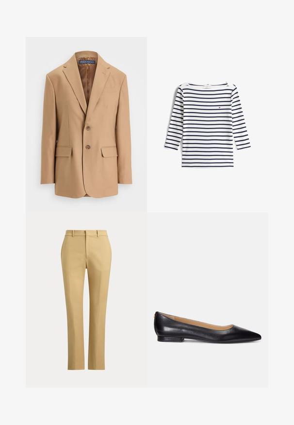 Blazer color beige hecho de una tela suave, con un diseño de un solo botón, dos bolsillos frontales y dos botones. Solapas con muesca y líneas limpias.; Camisa blanca de manga larga con rayas horizontales azul marino y un pequeño logo rojo, blanco y azul en el pecho izquierdo.; Pantalones beige de pierna recta con presillas para cinturón, cremallera frontal y pliegues ajustados sobre un fondo liso y claro.; Bailarinas de cuero negro con punta afilada, tacón bajo y un acento dorado en el tacón. Textura suave con una silueta clásica.