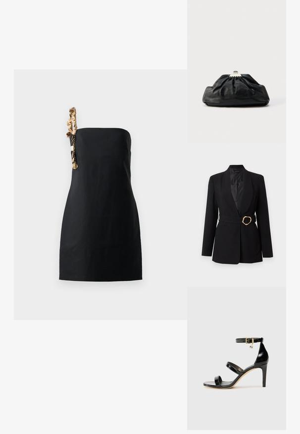 Blazer negro a medida con cuello chal y cinturón a juego con una hebilla dorada irregular, mostrado sobre un fondo claro y uniforme.; Un vestido negro mini con un corte estructurado y recto, y un detalle decorativo de cadena en tono dorado en un hombro. Textura de tela suave.; Sandalia de charol negro con tres correas, hebilla en el tobillo y tacón de aguja de 10 cm. Presenta detalles de hardware en oro y un charm con el logo.; Bolso de mano de cuero negro con textura recogida, cierre de broche metálico y logo en relieve sutil en el frente. Forma redondeada.