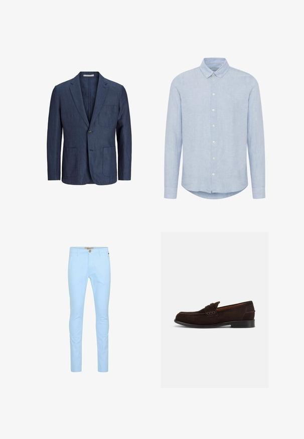 Marineblauwe linnen blazer met een enkele knoopsluiting, twee voorzakken, enigszins geknipte revers en een getailleerde pasvorm. Soepele textuur, niet gevoerd interieur.; Lichtblauw, lange mouwen overhemd van linnen, met een button-down kraag, knopen aan de voorkant, subtiel logo op de borst en een afgeronde zoom.; Lichtblauwe katoenen chino's met een slim fit, voorzien van een sluiting met knopen aan de voorkant, riemlussen en een gladde textuur. Geen zichtbare patronen of accenten.; Donkerbruine suède herenslipper met decoratieve stiksels en lage hak, vanaf de buitenkant getoond tegen een eenvoudige lichte achtergrond.