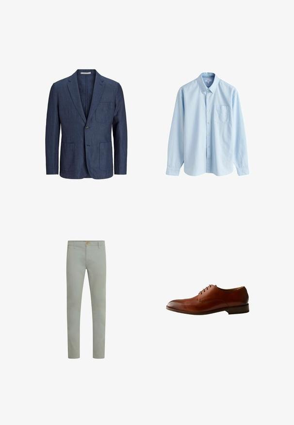 Blazer de lino azul marino con cierre de un solo botón, dos bolsillos frontales, solapas con muesca y un ajuste entallado. Textura suave, interior sin forrar.; Camisa azul claro de manga larga con botones, cuello abotonado y bolsillo en el pecho, presentada sobre un fondo blanco.; Pantalones de algodón verde claro con corte recto, bolsillos frontales y cierre de botón simple en la cintura. Textura suave, diseño minimalista.; Zapato de vestir masculino de cuero marrón con cordones cerrados, tacón bajo y acabado liso, mostrado de lado sobre un fondo blanco.