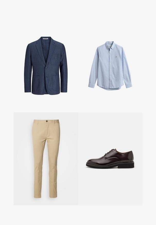 Blazer de lino azul marino con cierre de un solo botón, dos bolsillos frontales, solapas con muesca y un ajuste entallado. Textura suave, interior sin forrar.; Camisa azul clara de manga larga con botones, cuello puntiagudo y pequeño logo bordado en el pecho izquierdo.; Chinos beige de corte slim, fabricados en algodón. Presentan un cierre de botón, trabillas para el cinturón y detalles de costura sutiles en los bolsillos.; Zapato Oxford de cuero marrón con acabado brillante, punta redonda, diseño con cordones y suela gruesa de goma negra. Detalle de costura en la parte superior.