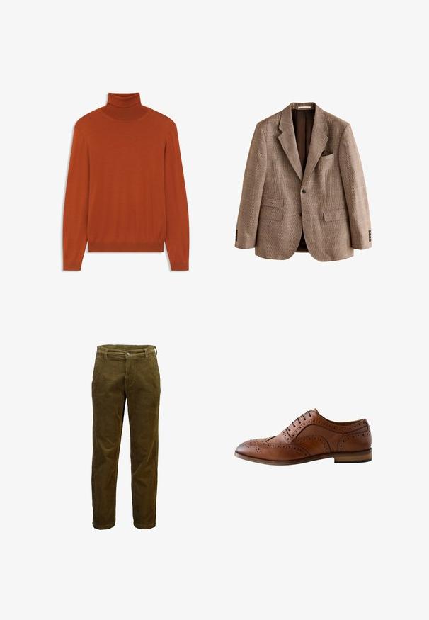 Einreihiger brauner karierten Blazer mit Notch-Revers, zwei vorderen Klapptaschen, einer Brustleistentasche und drei Knöpfen an jedem Ärmelbund.; Rostfarbener Rollkragenpullover aus weichem Material. Figurbetontes Design mit langen Ärmeln und geripptem Kragen sowie Saum. Glatte Textur im gesamten Pulli.; Braune Cordhosen mit vorderem Knopf und Reißverschluss, Gürtelschlaufen und geradem Schnitt.; Brauner Herrenschuh aus Leder mit Brogue-Muster, Wingtip-Design, perforierten Details, schwarzen Schnürsenkeln und flachem Absatz vor weißem Hintergrund.
